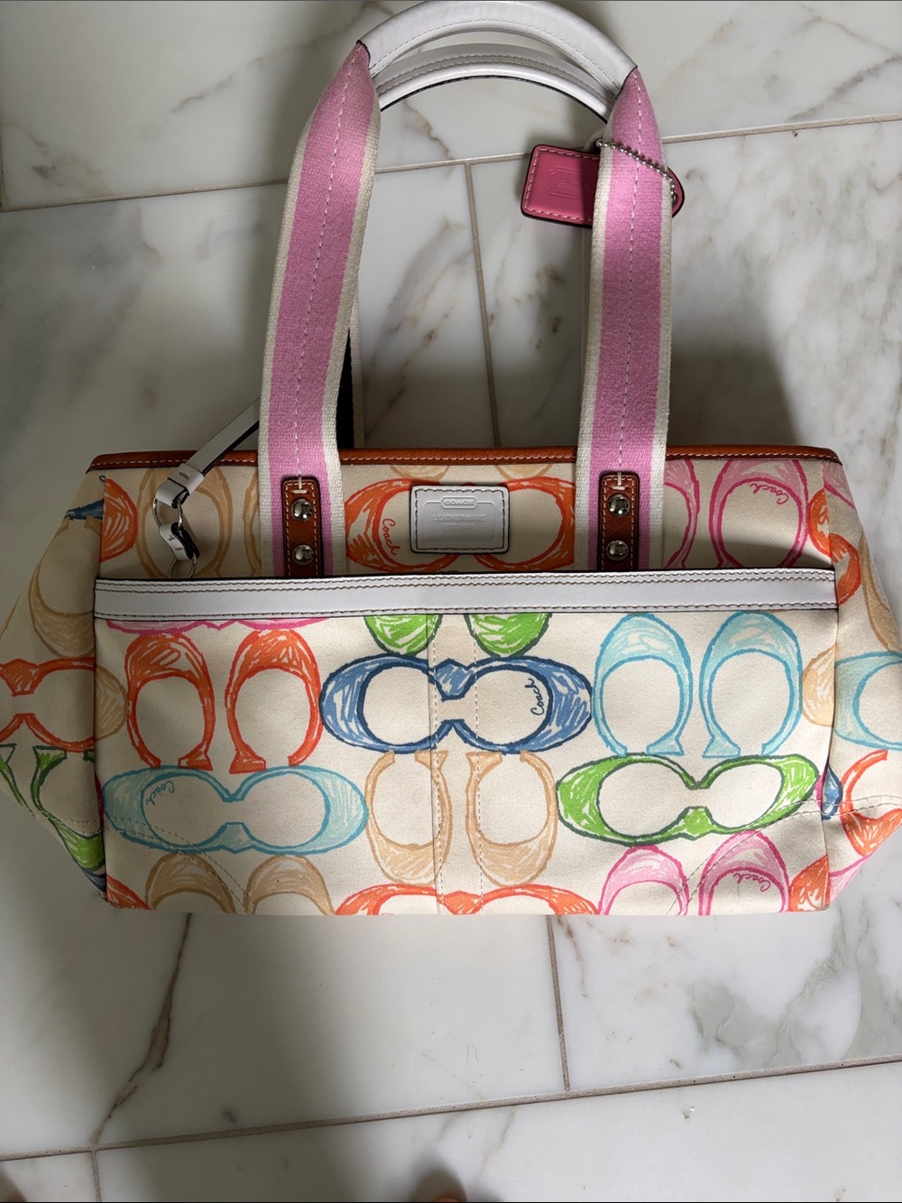 Coach Multicolor Hampton scribbles  Logo Canvas Tote with Pink Handles